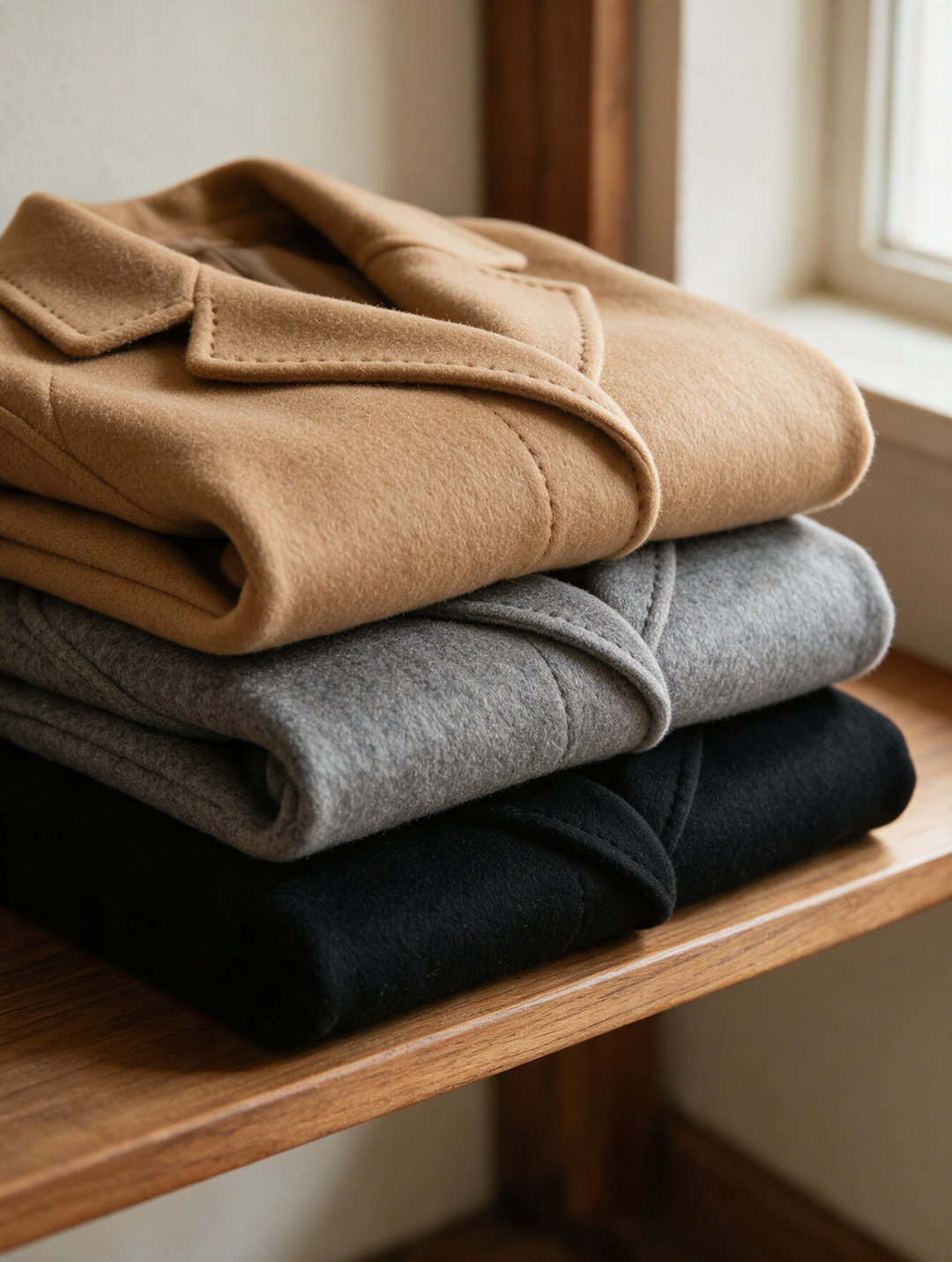 Folded Style-Street wool coats stacked on a shelf