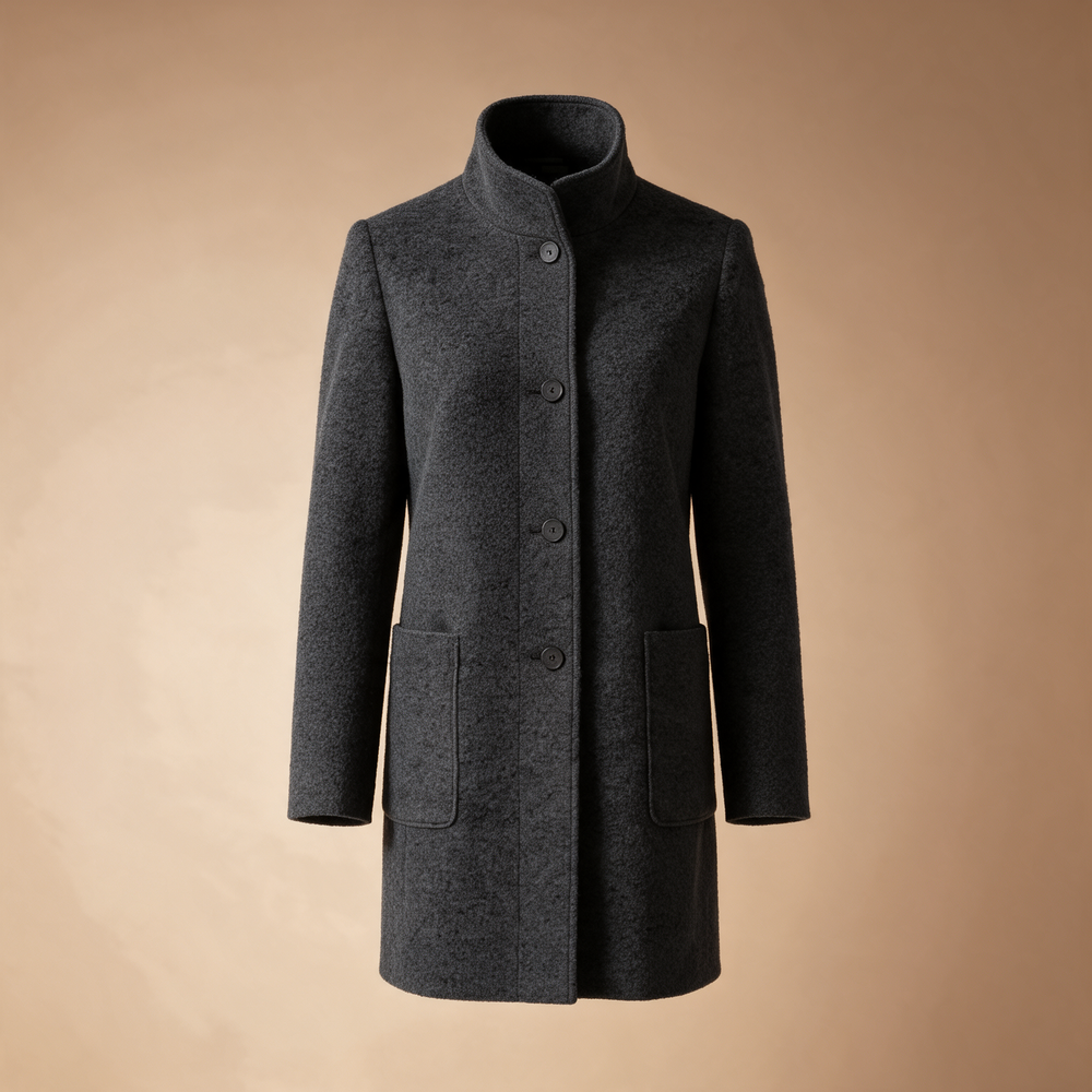Stand-Collar Bouclé Wool Coat - Dark Grey