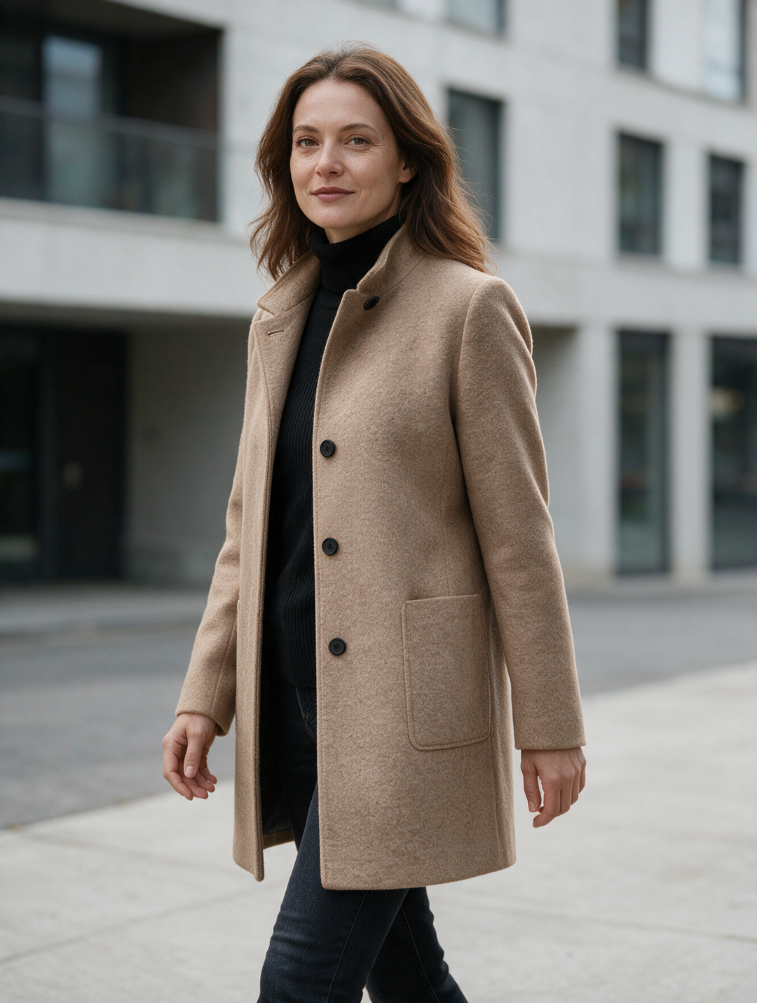 Woman wearing a Style-Street wool coat walking on a city street