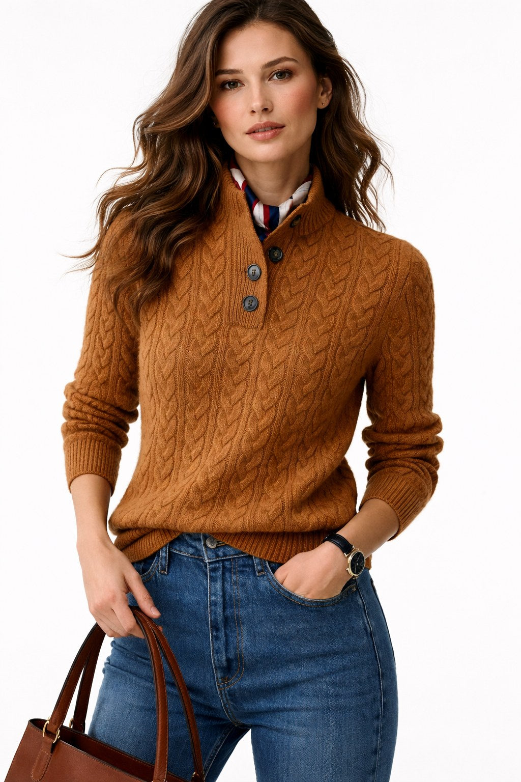 Bianca — Cable Knit Sweater for Women with Button Collar