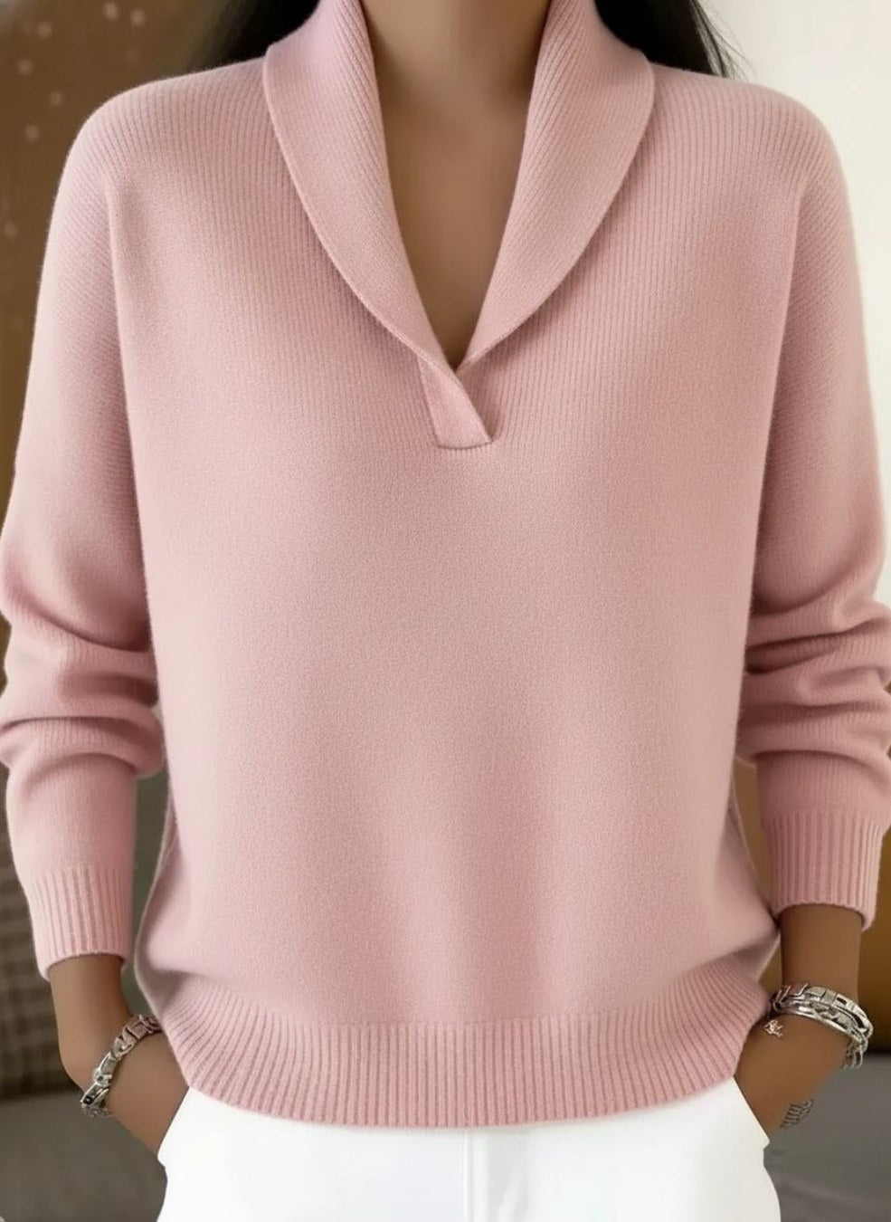 Delia — Relaxed V Neck Sweater for Women with Shawl Collar (3)