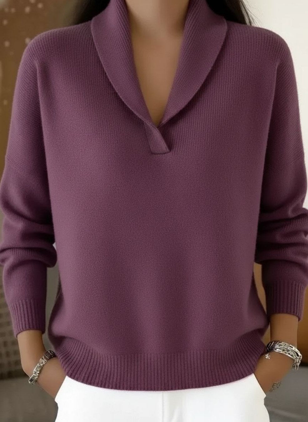 Delia — Relaxed V Neck Sweater for Women with Shawl Collar (6)