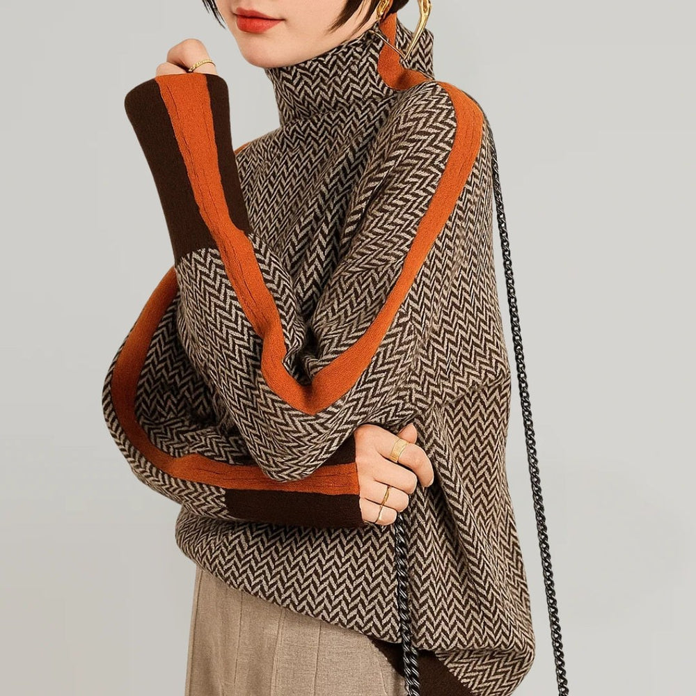 Erin — Turtleneck Sweater for Women with Striped Sleeves (2)