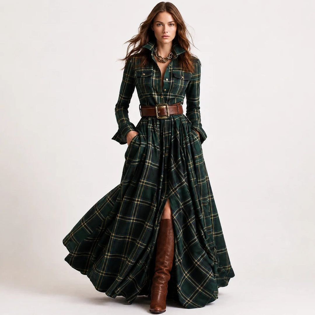 Joanna — Belted Plaid Maxi Dress for Women with Long Sleeves