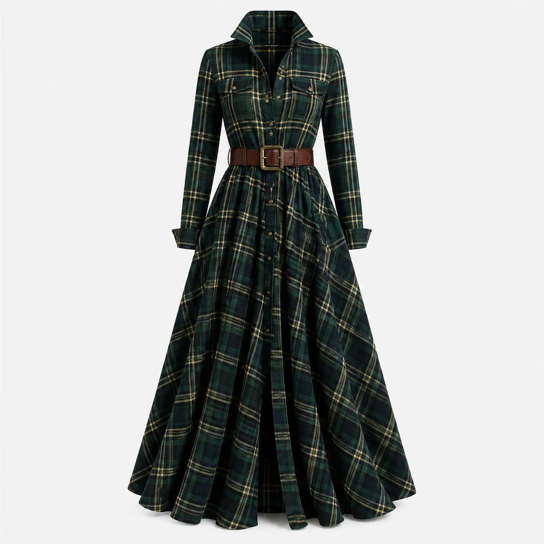 Joanna — Belted Plaid Maxi Dress for Women with Long Sleeves (2)