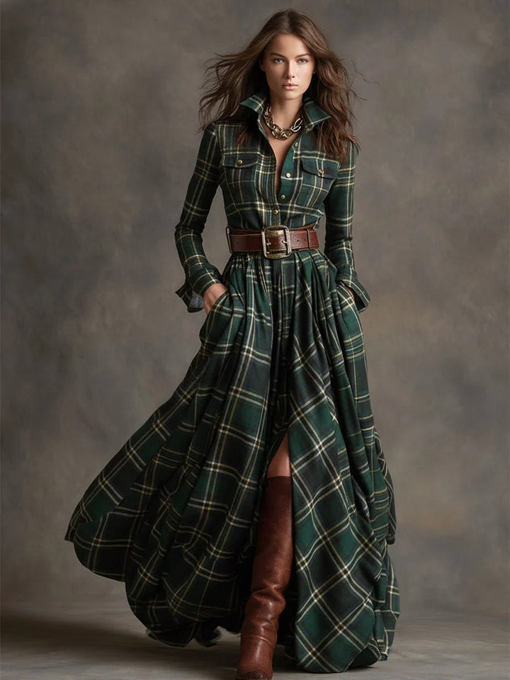 Joanna — Belted Plaid Maxi Dress for Women with Long Sleeves (3)