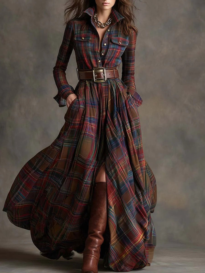 Joanna — Belted Plaid Maxi Dress for Women with Long Sleeves (6)