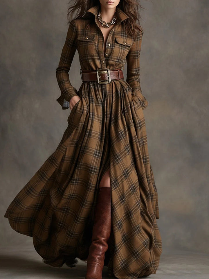 Joanna — Belted Plaid Maxi Dress for Women with Long Sleeves (8)