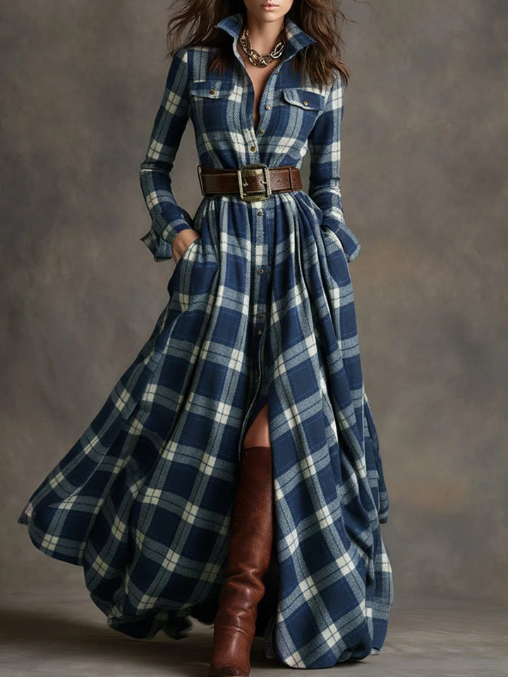 Joanna — Belted Plaid Maxi Dress for Women with Long Sleeves (9)