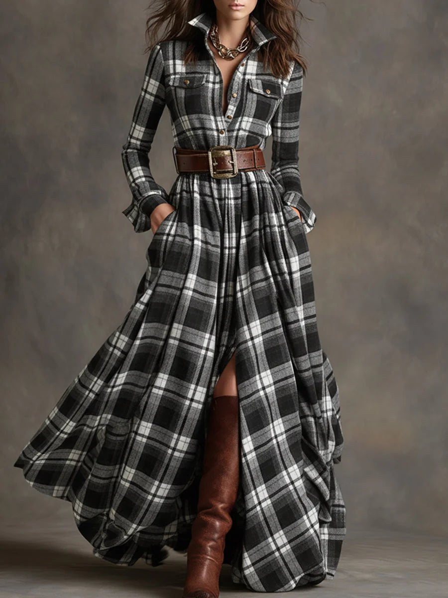 Joanna — Belted Plaid Maxi Dress for Women with Long Sleeves (10)