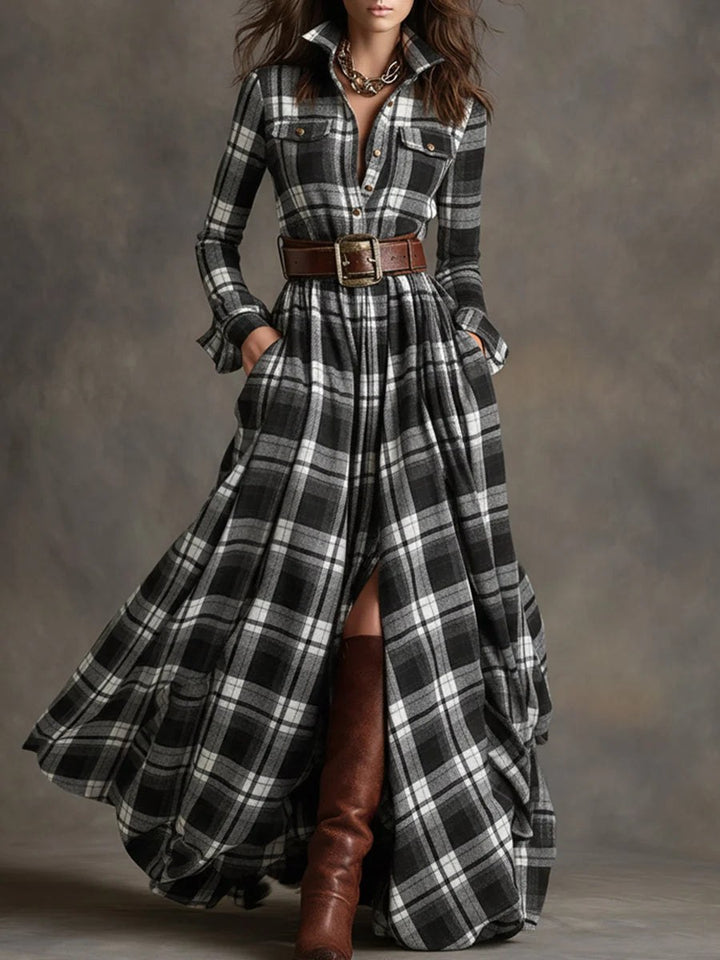 Joanna — Belted Plaid Maxi Dress for Women with Long Sleeves (10)