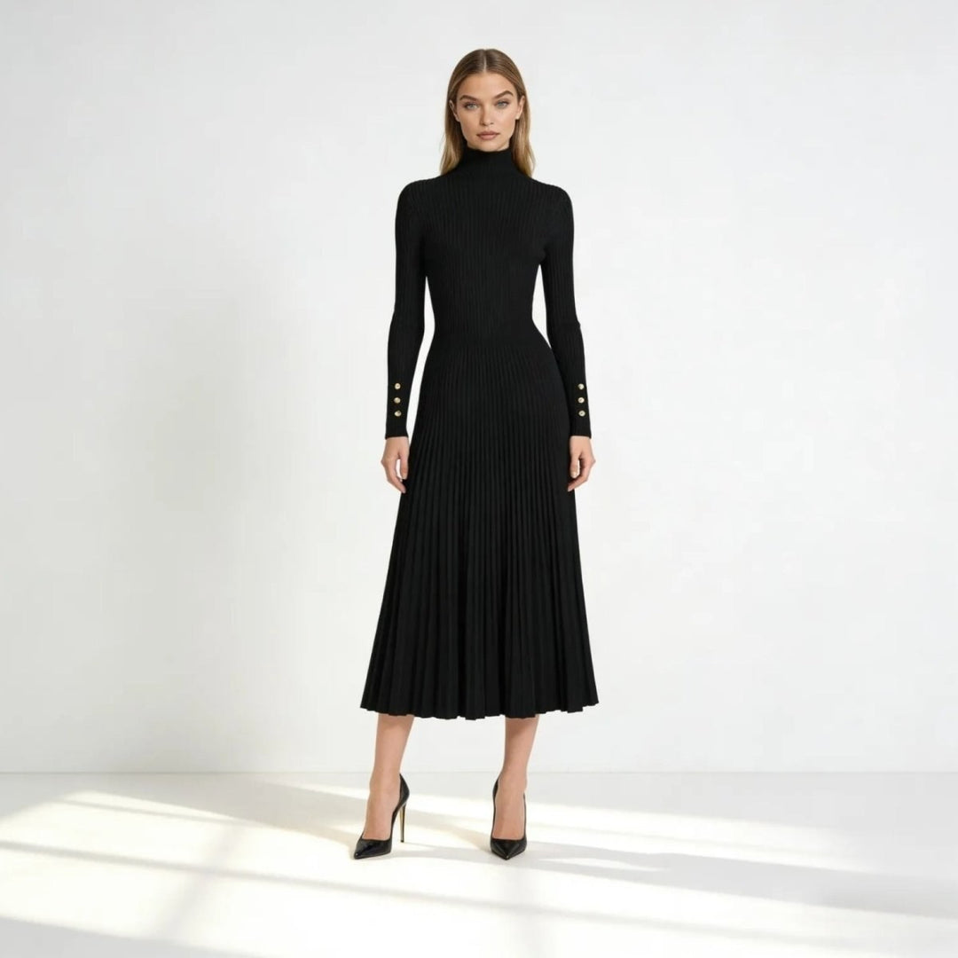 Kim — Pleated Knit Midi Dress for Women with Turtleneck