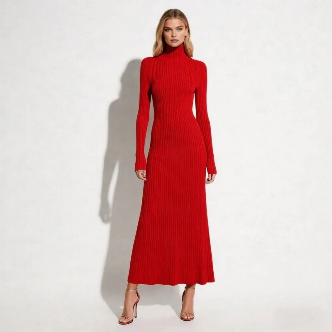 Kim — Pleated Knit Midi Dress for Women with Turtleneck (6)