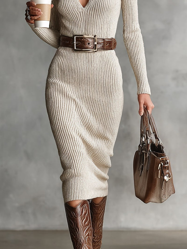 Lana — Belted Knit Midi Dress for Women with V Neck (3)
