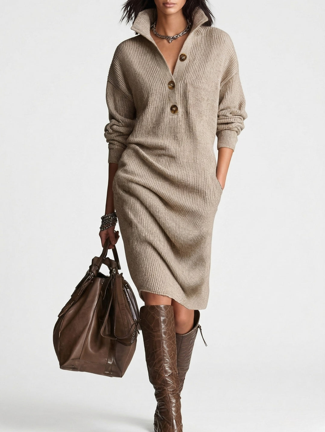 Mabel — Knit Sweater Dress for Women with Button Collar