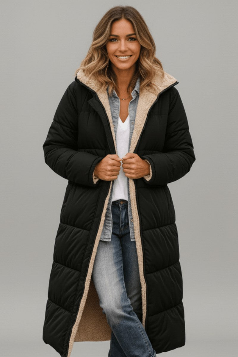 Nancy — Longline Puffer Coat for Women with Hood